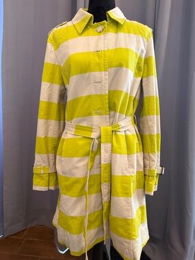 Fashionable Striped Lime Green and Cream Trench Coat with side pockets. Large.